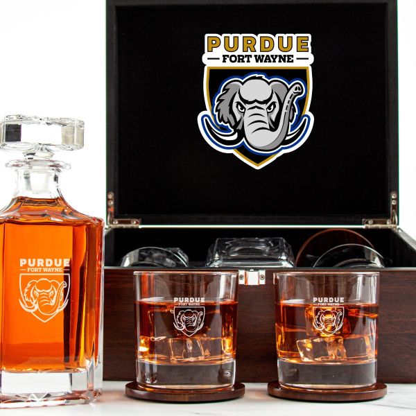 Customized Engraved Dark Brown Wood Box Decanter Set With Rocks Glasses - NCAA Purdue Fort Wayne Mastodons
