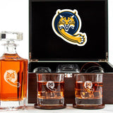 Customized Engraved Dark Brown Wood Box Decanter Set With Rocks Glasses - NCAA Quinnipiac Bobcats