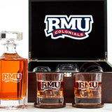Customized Engraved Dark Brown Wood Box Decanter Set With Rocks Glasses - NCAA Robert Morris Colonials
