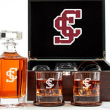 Customized Engraved Dark Brown Wood Box Decanter Set With Rocks Glasses - NCAA Santa Clara Broncos