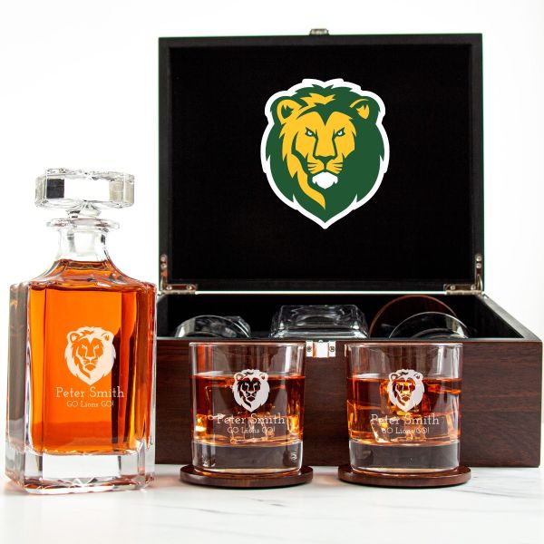 Customized Engraved Dark Brown Wood Box Decanter Set With Rocks Glasses - NCAA Southeastern Louisiana Lions