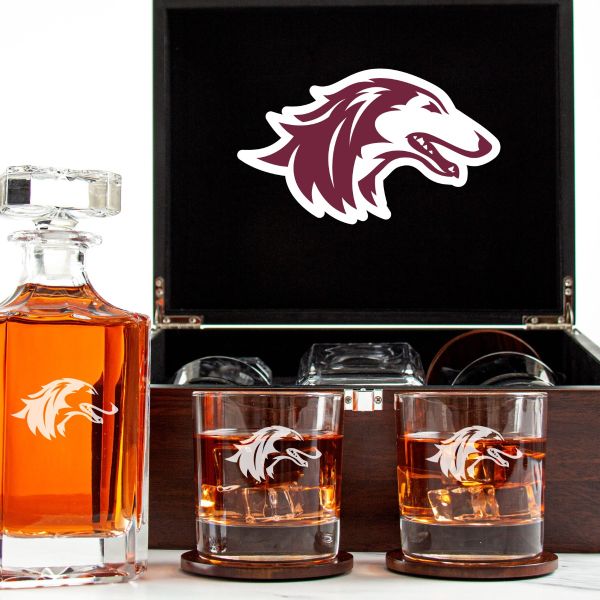 Customized Engraved Dark Brown Wood Box Decanter Set With Rocks Glasses - NCAA Southern Illinois Salukis