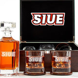 Customized Engraved Dark Brown Wood Box Decanter Set With Rocks Glasses - NCAA SIU Edwardsville Cougars