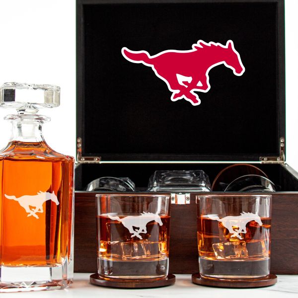 Customized Engraved Dark Brown Wood Box Decanter Set With Rocks Glasses - NCAA SMU Mustangs