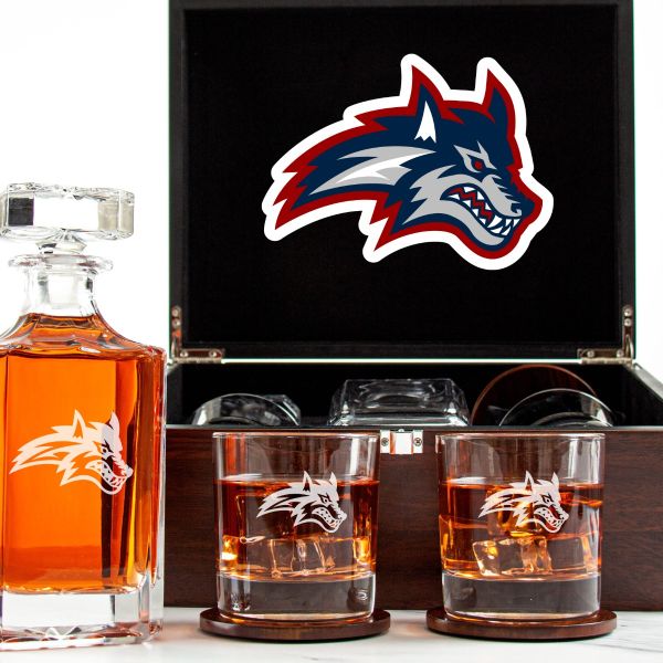 Customized Engraved Dark Brown Wood Box Decanter Set With Rocks Glasses - NCAA Stony Brook Seawolves