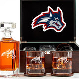 Customized Engraved Dark Brown Wood Box Decanter Set With Rocks Glasses - NCAA Stony Brook Seawolves