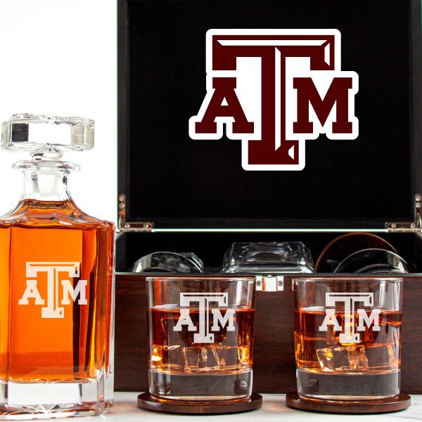 Customized Engraved Dark Brown Wood Box Decanter Set With Rocks Glasses - NCAA Texas A&M Aggies