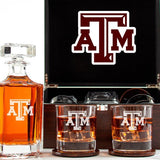Customized Engraved Dark Brown Wood Box Decanter Set With Rocks Glasses - NCAA Texas A&M Aggies