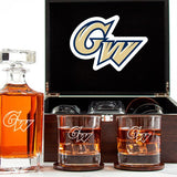 Customized Engraved Dark Brown Wood Box Decanter Set With Rocks Glasses - NCAA George Washington Revolutionaries