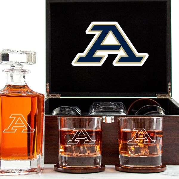 Customized Engraved Dark Brown Wood Box Decanter Set With Rocks Glasses - NCAA Akron Zips