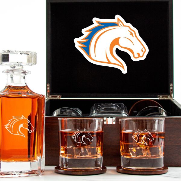 Customized Engraved Dark Brown Wood Box Decanter Set With Rocks Glasses - NCAA UT Arlington Mavericks