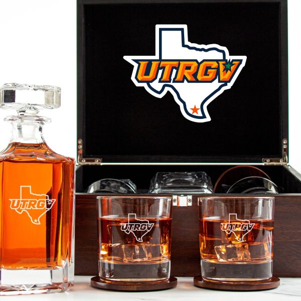 Customized Engraved Dark Brown Wood Box Decanter Set With Rocks Glasses - NCAA UTRGV Vaqueros