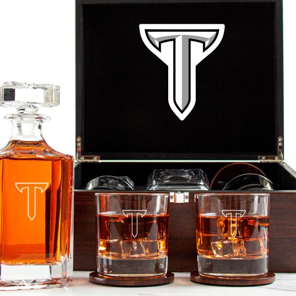 Customized Engraved Dark Brown Wood Box Decanter Set With Rocks Glasses - NCAA Troy Trojans