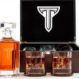 Customized Engraved Dark Brown Wood Box Decanter Set With Rocks Glasses - NCAA Troy Trojans