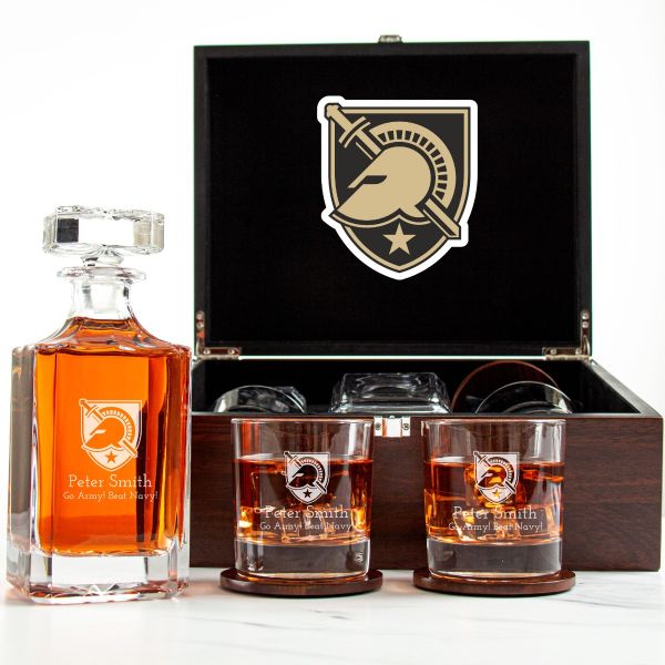 NCAA Army Black Knights - Customized Engraved Dark Brown Wood Box Decanter Set With Rocks Glasses