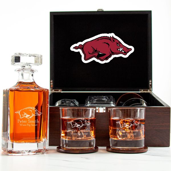 NCAA Arkansas Razorbacks - Customized Engraved Dark Brown Wood Box Decanter Set With Rocks Glasses