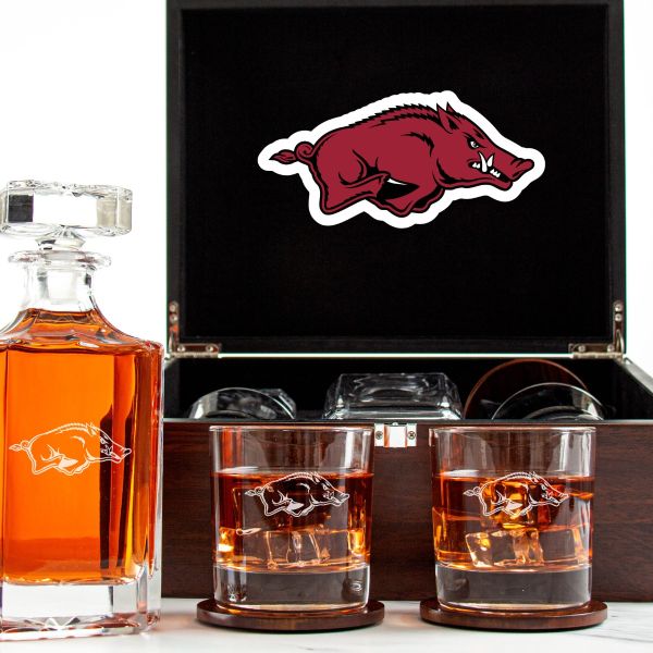 NCAA Arkansas Razorbacks - Customized Engraved Dark Brown Wood Box Decanter Set With Rocks Glasses