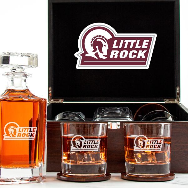 Customized Engraved Dark Brown Wood Box Decanter Set With Rocks Glasses - NCAA Little Rock Trojans