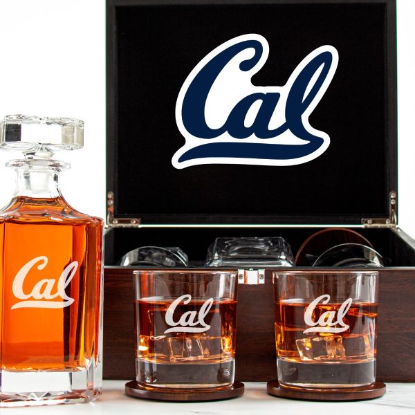 Customized Engraved Dark Brown Wood Box Decanter Set With Rocks Glasses - NCAA California Golden Bears