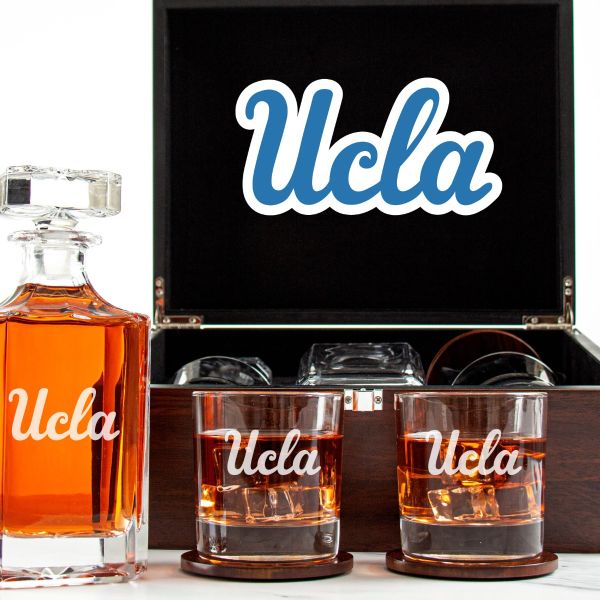 Customized Engraved Dark Brown Wood Box Decanter Set With Rocks Glasses - NCAA UCLA Bruins