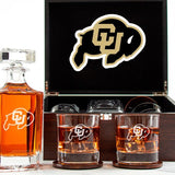 NCAA Colorado Buffaloes - Customized Engraved Dark Brown Wood Box Decanter Set With Rocks Glasses