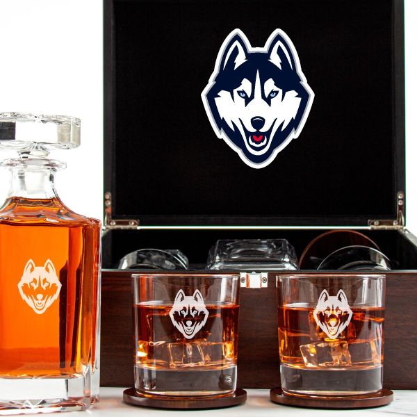 Customized Engraved Dark Brown Wood Box Decanter Set With Rocks Glasses - NCAA UConn Huskies
