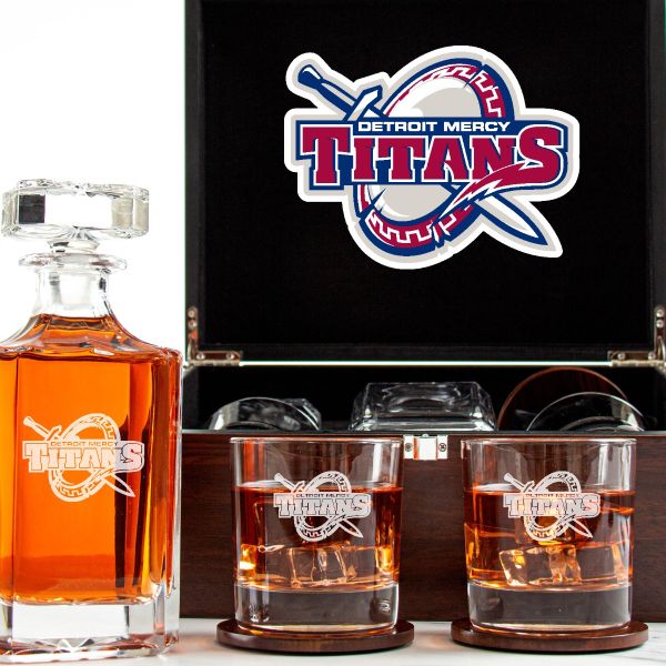 Customized Engraved Dark Brown Wood Box Decanter Set With Rocks Glasses - NCAA Detroit Mercy Titans