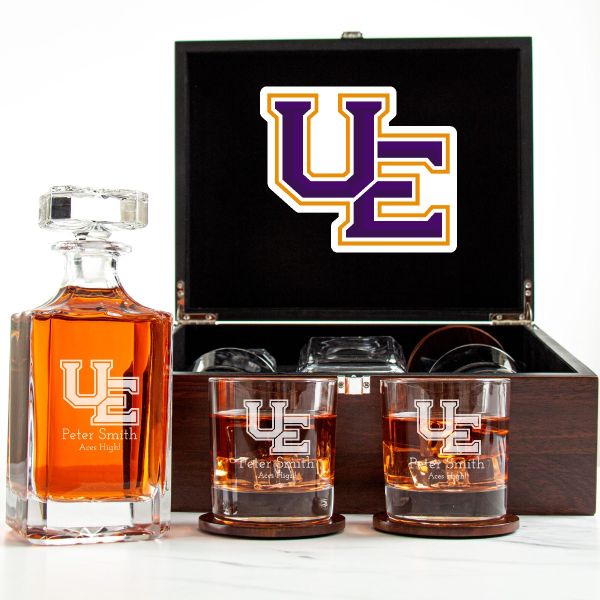 Customized Engraved Dark Brown Wood Box Decanter Set With Rocks Glasses - NCAA Evansville Purple Aces