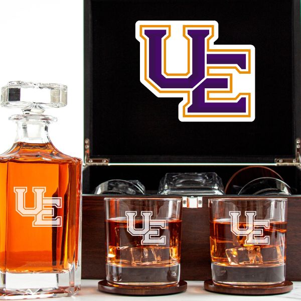 Customized Engraved Dark Brown Wood Box Decanter Set With Rocks Glasses - NCAA Evansville Purple Aces