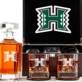 Customized Engraved Dark Brown Wood Box Decanter Set With Rocks Glasses - NCAA Hawaii Rainbow Warriors