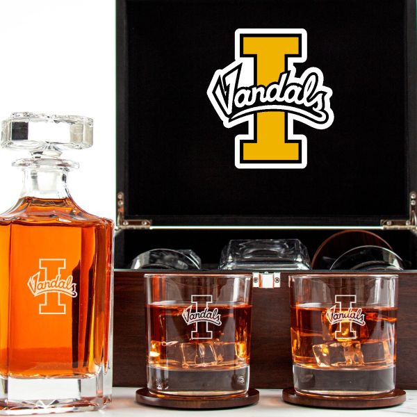 Customized Engraved Dark Brown Wood Box Decanter Set With Rocks Glasses - NCAA Idaho Vandals