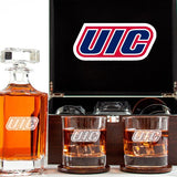 Customized Engraved Dark Brown Wood Box Decanter Set With Rocks Glasses - NCAA UIC Flames