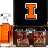 Customized Engraved Dark Brown Wood Box Decanter Set With Rocks Glasses - NCAA Illinois Fighting Illini