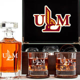 Customized Engraved Dark Brown Wood Box Decanter Set With Rocks Glasses - NCAA Louisiana–Monroe Warhawks