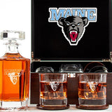 Customized Engraved Dark Brown Wood Box Decanter Set With Rocks Glasses - NCAA Maine Black Bears