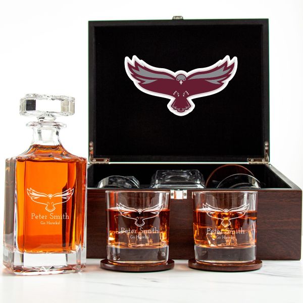 Customized Engraved Dark Brown Wood Box Decanter Set With Rocks Glasses - NCAA Maryland Eastern Shore Hawks