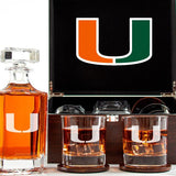 Customized Engraved Dark Brown Wood Box Decanter Set With Rocks Glasses - NCAA Miami Hurricanes