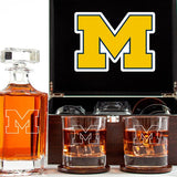 Customized Engraved Dark Brown Wood Box Decanter Set With Rocks Glasses - NCAA Michigan Wolverines