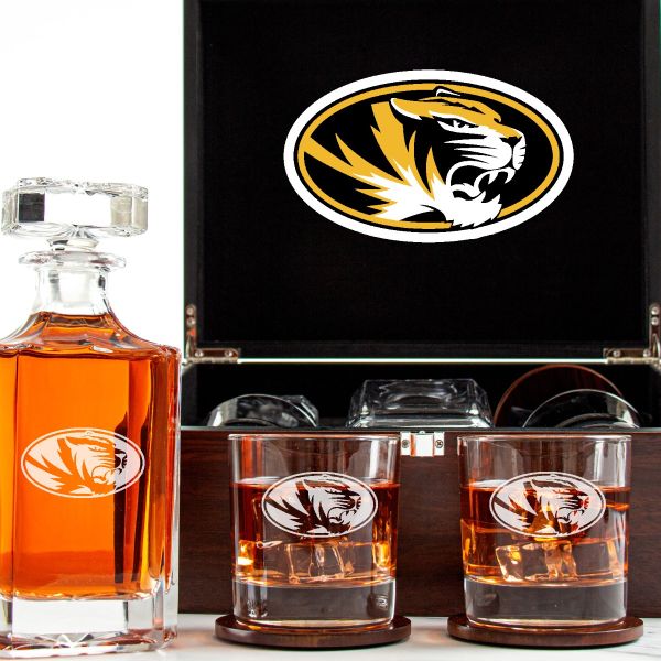 Customized Engraved Dark Brown Wood Box Decanter Set With Rocks Glasses - NCAA Missouri Tigers