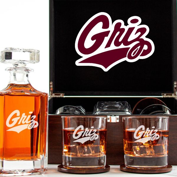 Customized Engraved Dark Brown Wood Box Decanter Set With Rocks Glasses - NCAA Montana Grizzlies