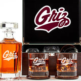 Customized Engraved Dark Brown Wood Box Decanter Set With Rocks Glasses - NCAA Montana Grizzlies