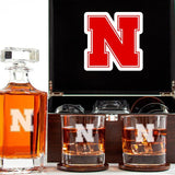 Customized Engraved Dark Brown Wood Box Decanter Set With Rocks Glasses - NCAA Nebraska Cornhuskers