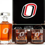 Customized Engraved Dark Brown Wood Box Decanter Set With Rocks Glasses - NCAA Omaha Mavericks