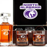 Customized Engraved Dark Brown Wood Box Decanter Set With Rocks Glasses - NCAA North Alabama Lions