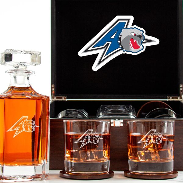 Customized Engraved Dark Brown Wood Box Decanter Set With Rocks Glasses - NCAA UNC Asheville Bulldogs