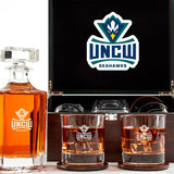 Customized Engraved Dark Brown Wood Box Decanter Set With Rocks Glasses - NCAA UNC Wilmington Seahawks