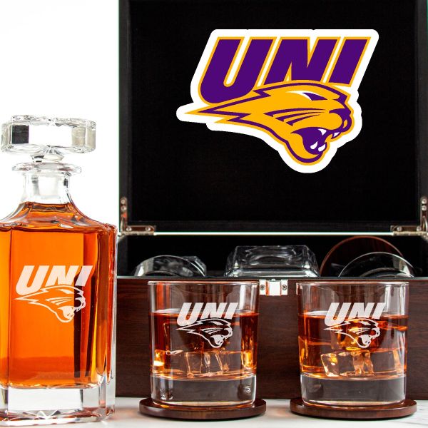 Customized Engraved Dark Brown Wood Box Decanter Set With Rocks Glasses - NCAA Northern Iowa Panthers