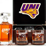 Customized Engraved Dark Brown Wood Box Decanter Set With Rocks Glasses - NCAA Northern Iowa Panthers