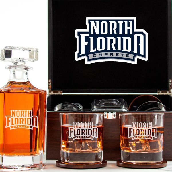 Customized Engraved Dark Brown Wood Box Decanter Set With Rocks Glasses - NCAA North Florida Ospreys