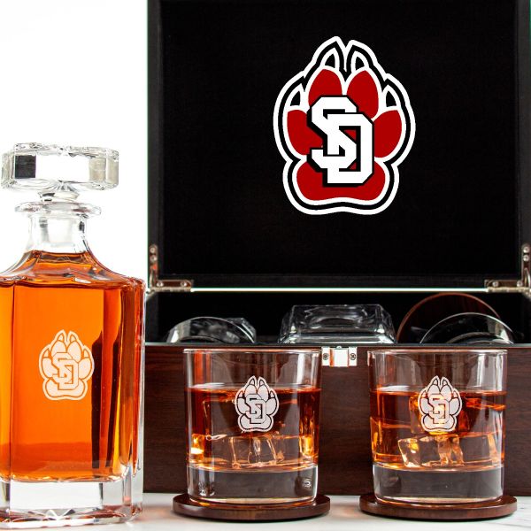 Customized Engraved Dark Brown Wood Box Decanter Set With Rocks Glasses - NCAA South Dakota Coyotes